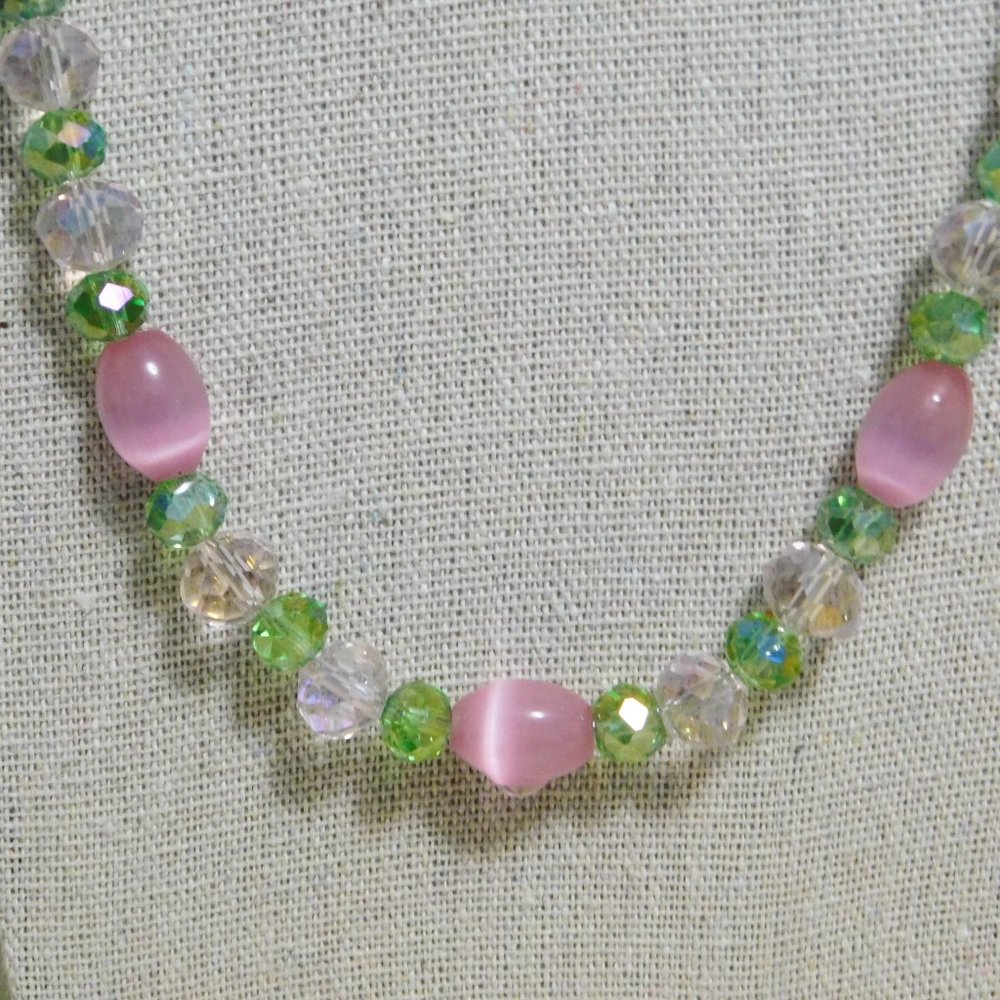 Handmade Pink & Green Glass Beaded Necklace - 24"